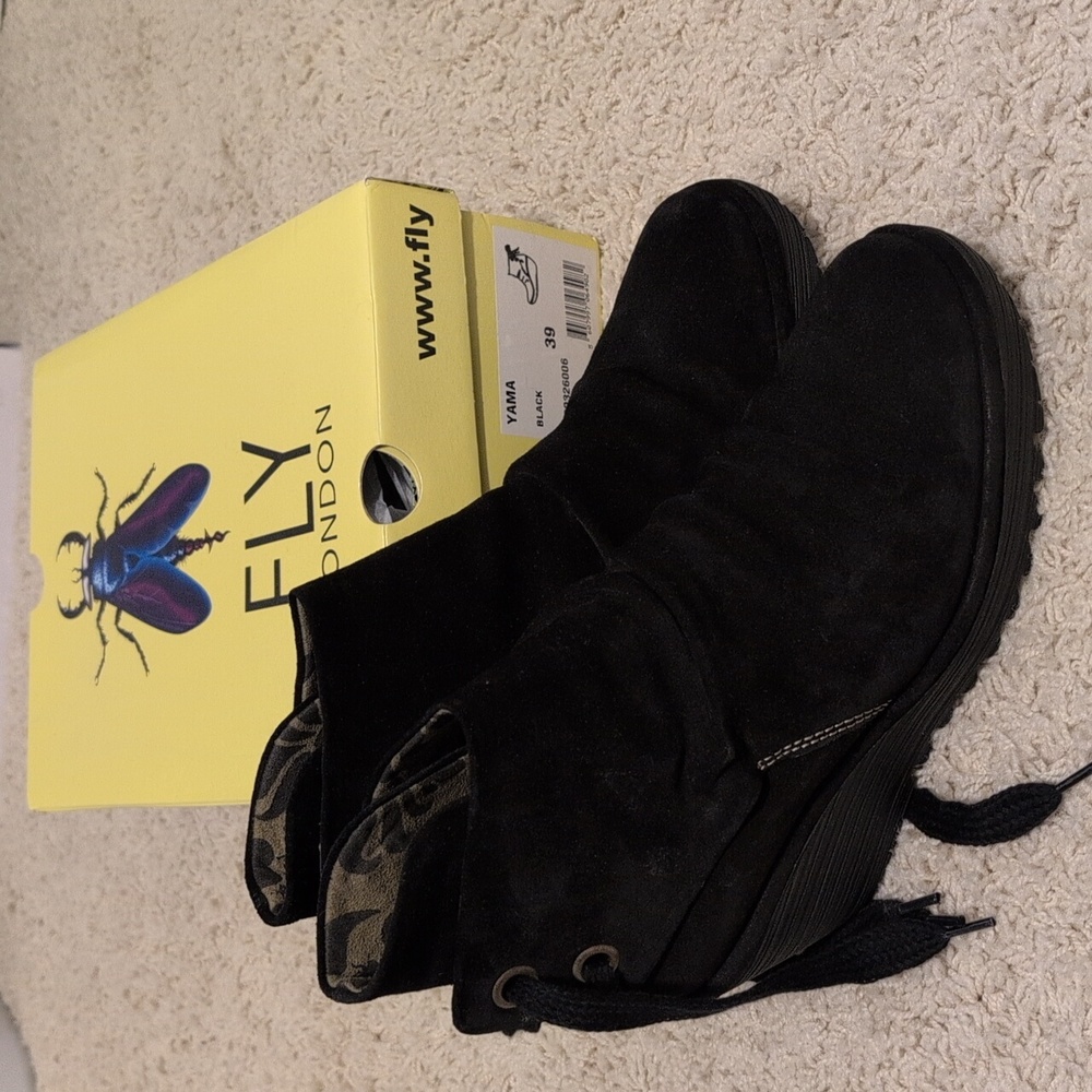 Fly London Yama Pull On Ankle Boots Tie Back Oiled Black Suede, Wedge Heel, New